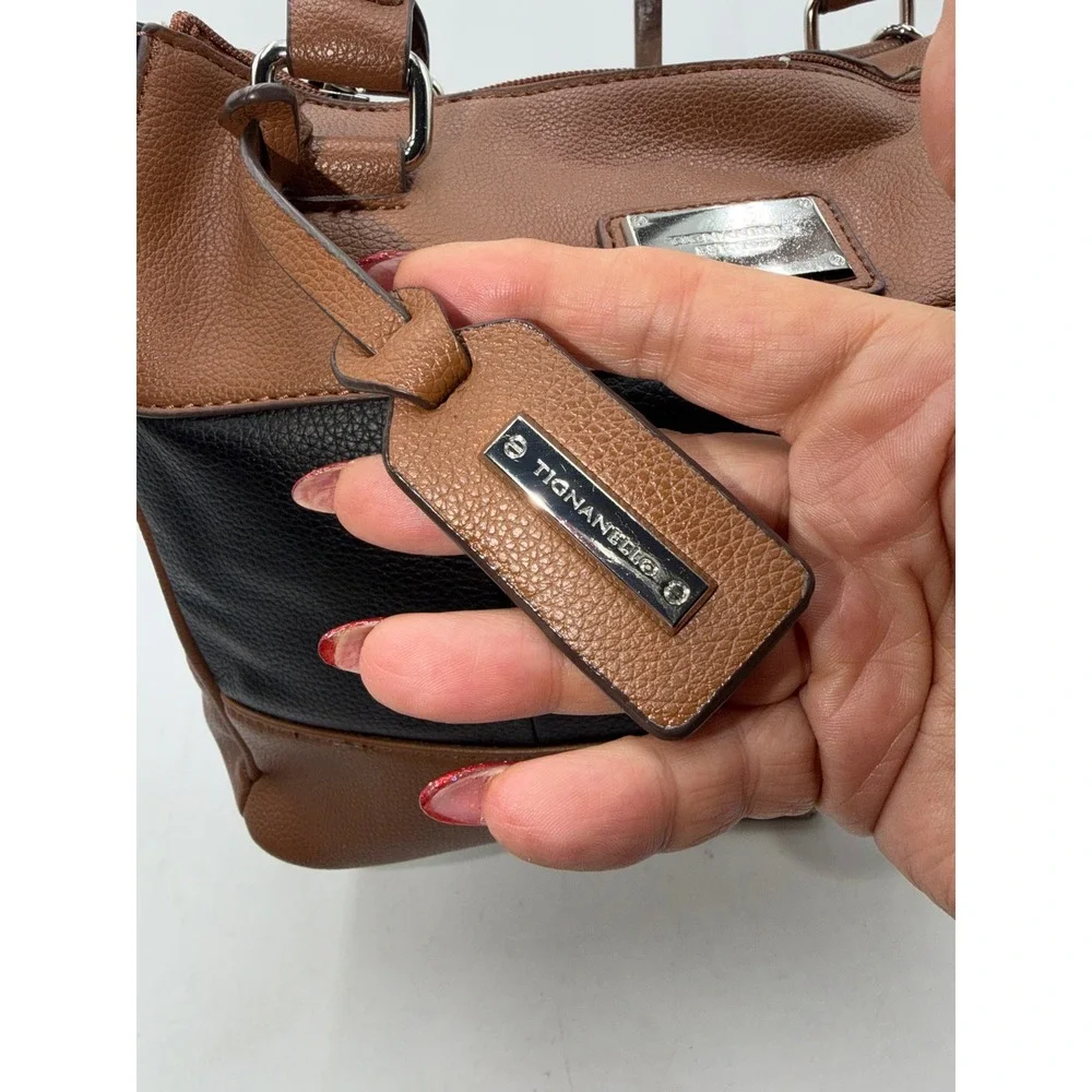 Tignanello Leather Satchel Handbag Brown Black Two Tone Pebbled Zip Top Bag